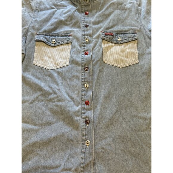 Andrew’s Blues Denim Size Medium Button Up Shirt Cotton Hippie Boho Short Sleeve - Picture 6 of 10